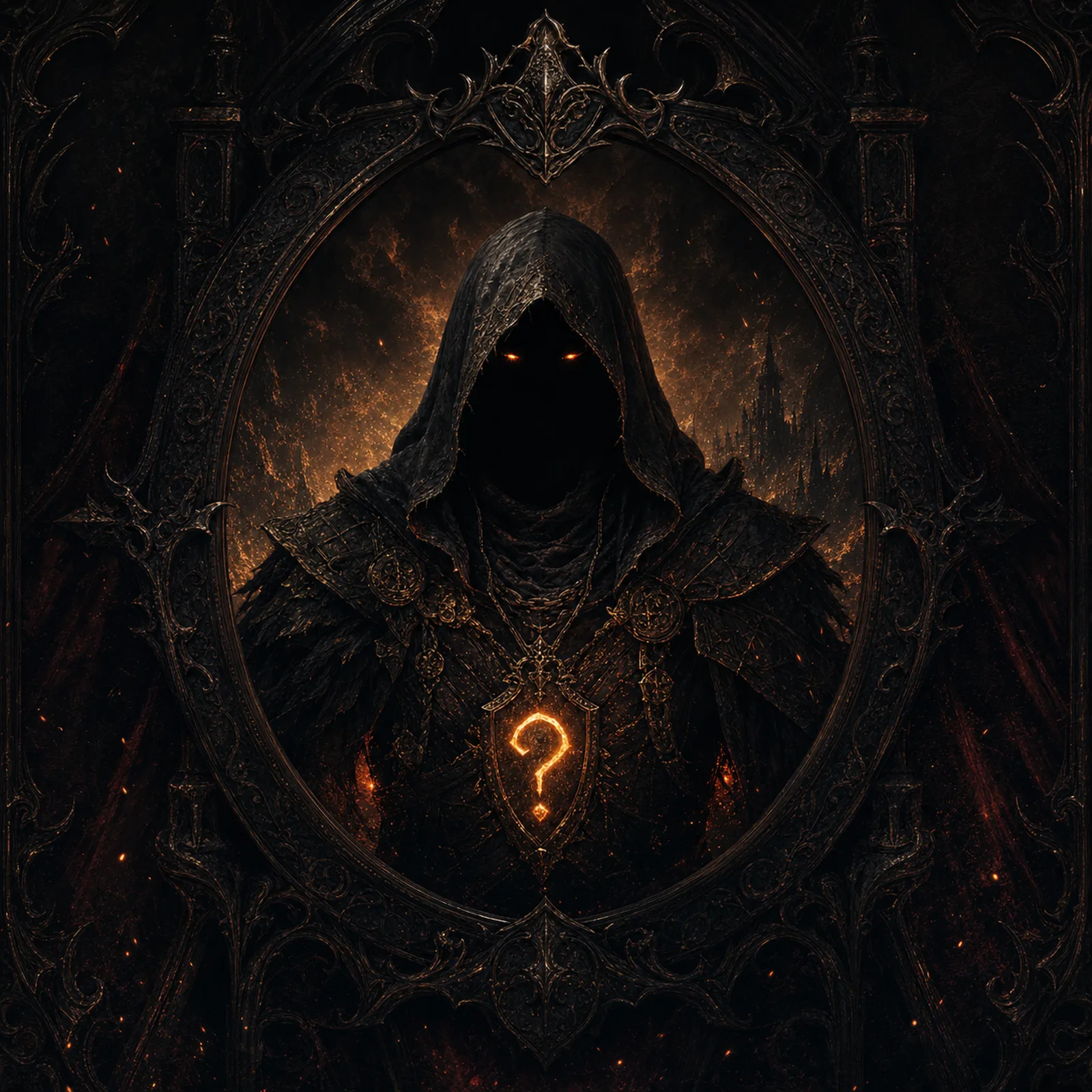 A hooded figure in an ornate frame, identity sealed